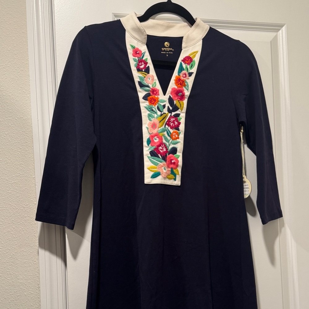 Spartina 449 Navy Dress with Floral Embroidery